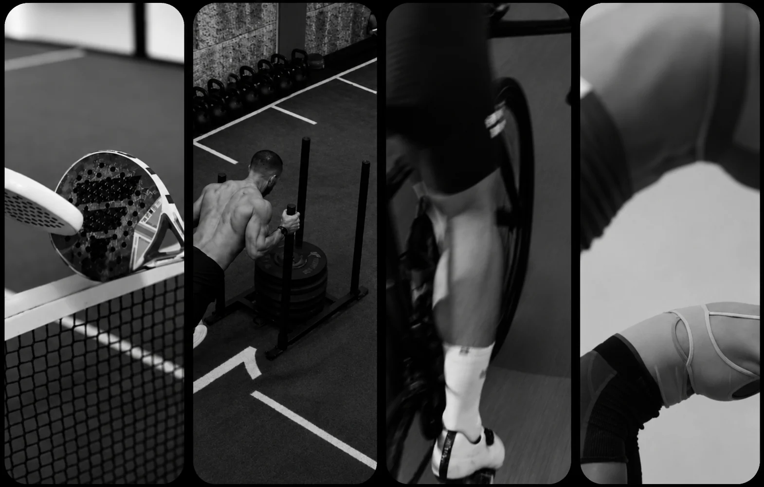 Quatre disciplines du club en noir et blanc : padel, poussée de traîneau, vélo, récupération